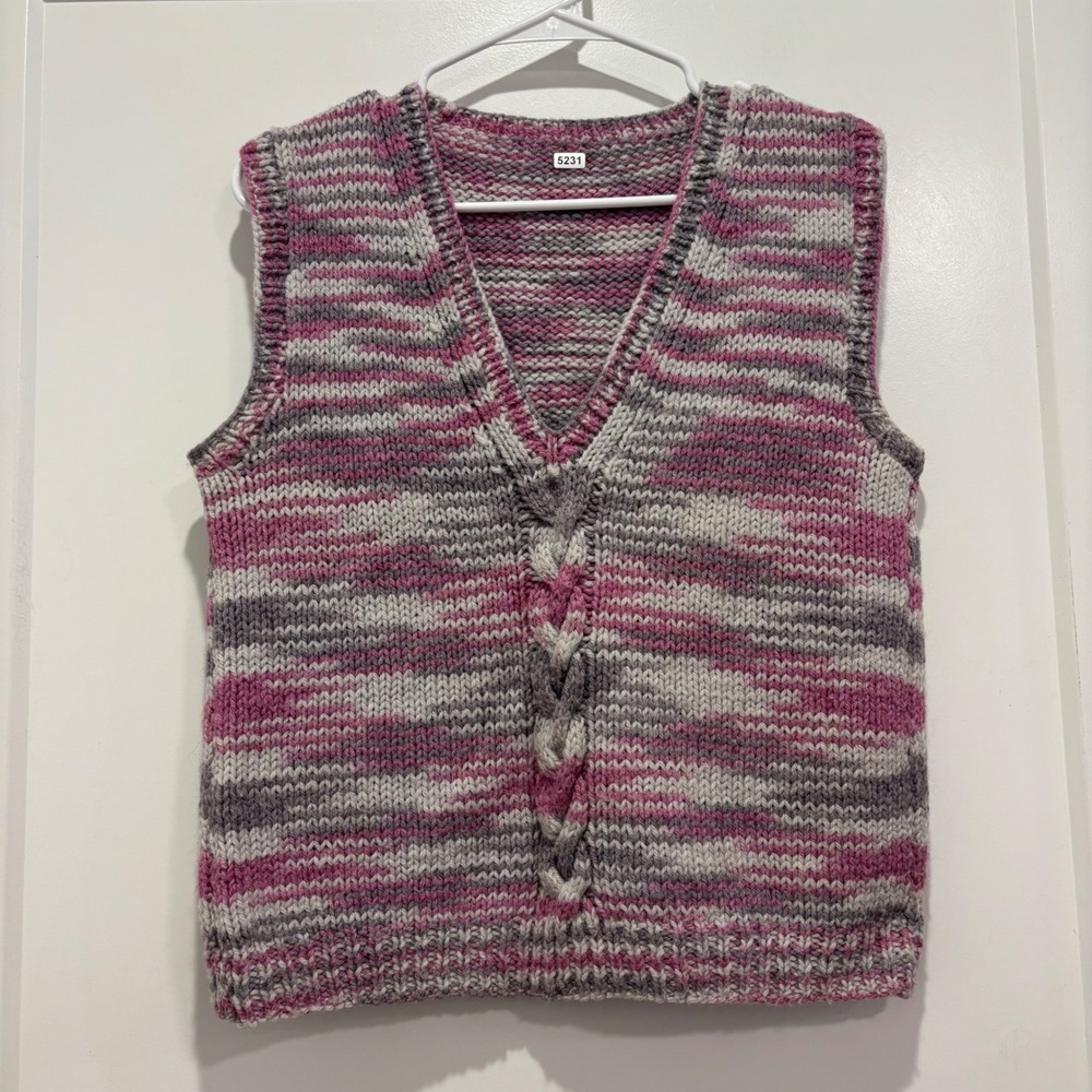 Handmade Pink Purple Grey Space Dye Cable Knit V-Neck Sweater Vest Womens M